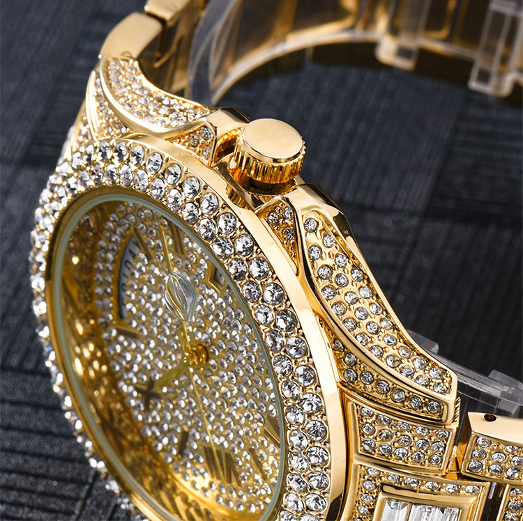 MISSFOX Dual Calendar New Full Diamond Luxury Men's Quartz Gentlemen's Watch Gold Fashion_voghion.com