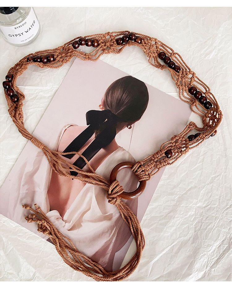 Gewebter Gürtel aus gewachster Kordel mit Holzschnalle, neuem, verlängertem Quasten- und Perlengürtel, Nischendesign mit Rockbesatz_voghion.com