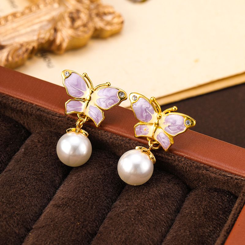 Orecchini francesi eleganti in smalto a forma di farfalla con perle e design di lusso leggero da donna, orecchini di alta qualità con ago in argento_voghion.com
