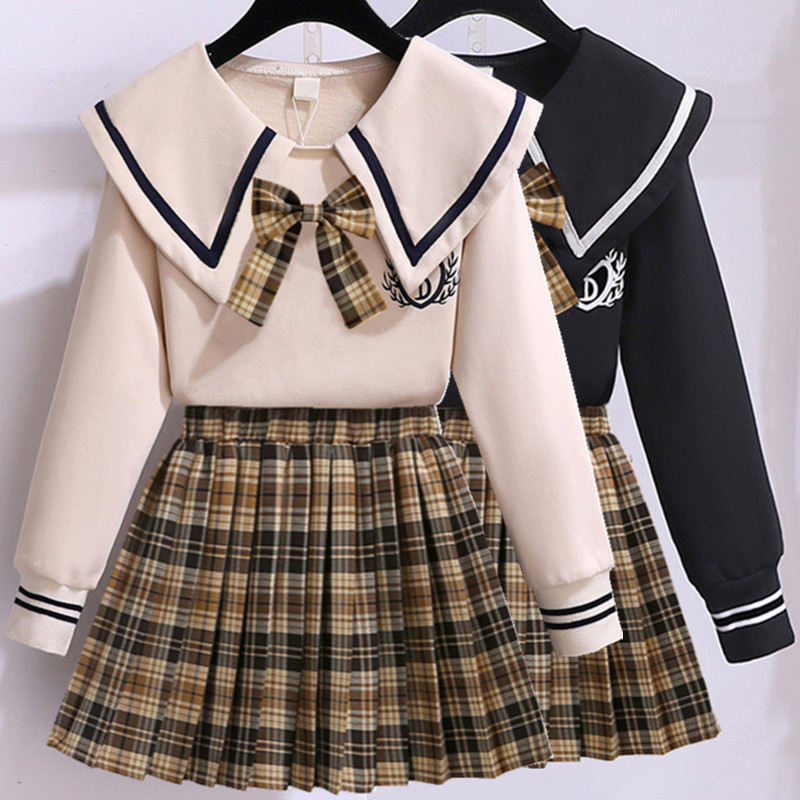 Pull pour filles, ensemble printemps et automne 2023, haut de Style Académie étrangère, jupe courte plissée, pour enfants du collège, 100_voghion.com