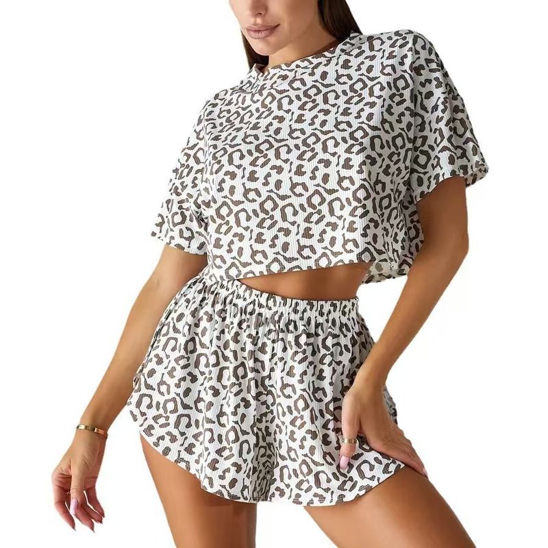 Dames luipaardprint mode pyjamaset zomer Engels alfabet luipaardprint cross-border shorts set_voghion.com