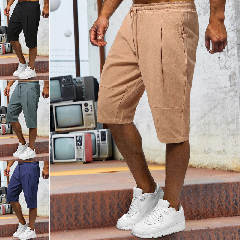 Weizhifu Cargo Shorts Loose Drawstring Casual Pockets Shrink Resistant Keep Cooling Linen Solid Color Summer Cargo Shorts Men Clothes_voghion.com