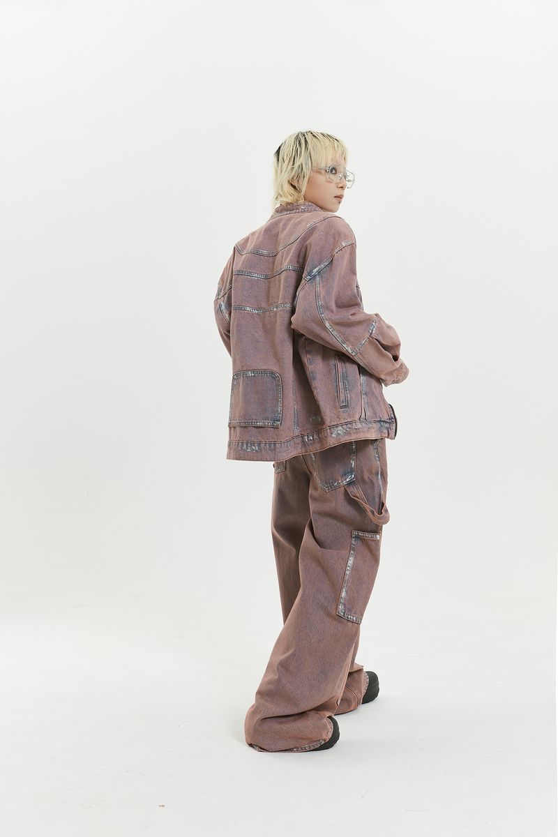 Giacca e pantaloni in denim lavato con schizzi di inchiostro, design hip-hop americano, primavera-autunno 2024, per donna_voghion.com