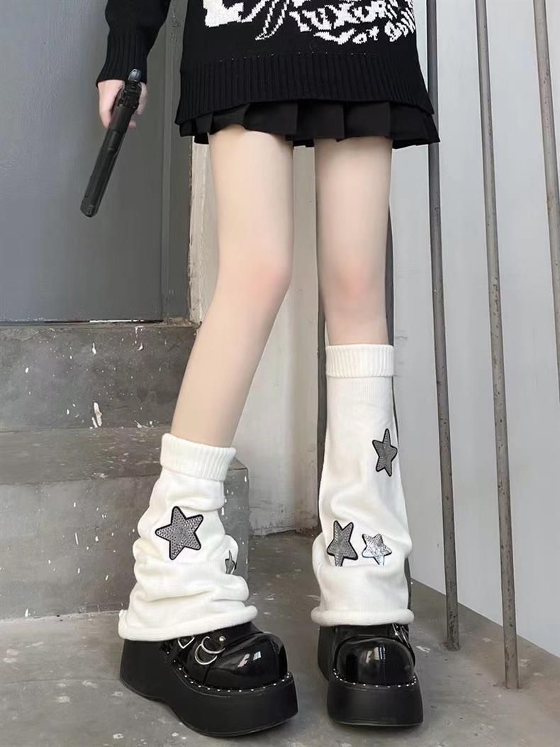 Calcetines negros de subcultura Y2k para mujer, calcetines largos de punto, cubrepiernas con estrellas, calcetines de chica sexy, Tide_voghion.com