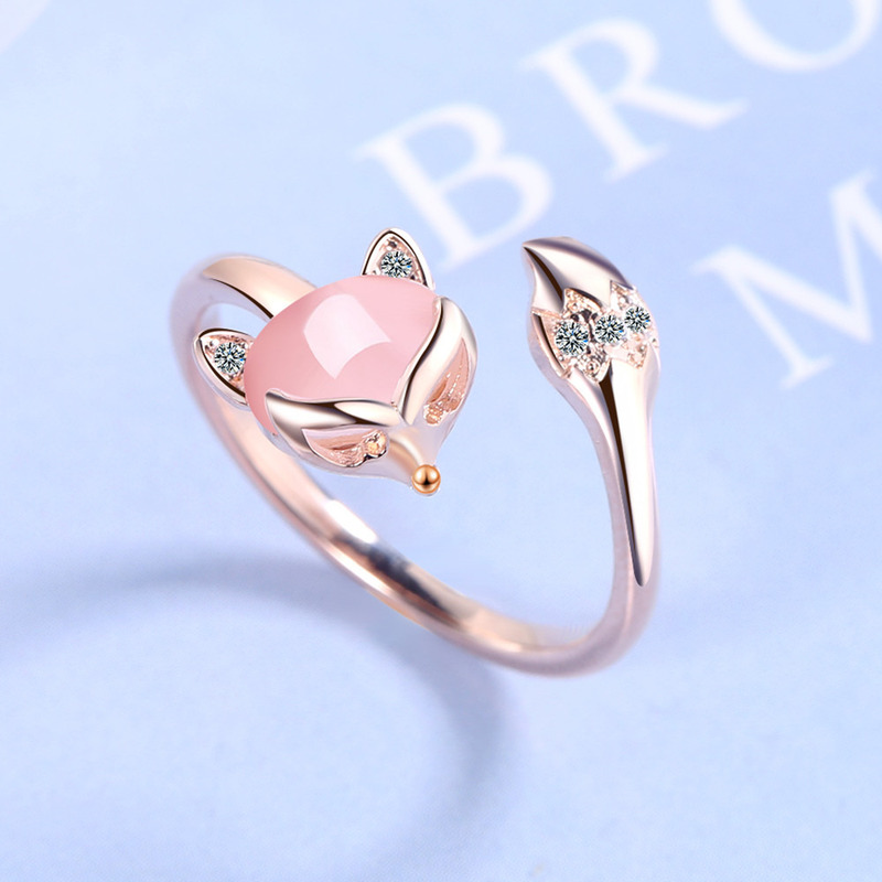 Lagervare Sterling Sier Rosaguld Nye Kvinde Modesmykker Høj Kvalitet Krystal Zirkon Agat Ræve Ring Åben Justerbar Ring Gave_voghion.com