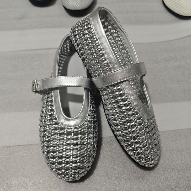 Hollow Mesh Breathable Woven Straight Strap Sandals For Women, High-end Round Toe Ballet Flat Mary Jane Shoes_voghion.com
