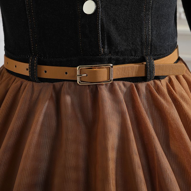 Babykleidung Modisches Denim-Mesh-Kleid für Mädchen. Lässiger Langarmrock für kleine Mädchen im Prinzessinnenkleid für kleine Kinder_voghion.com