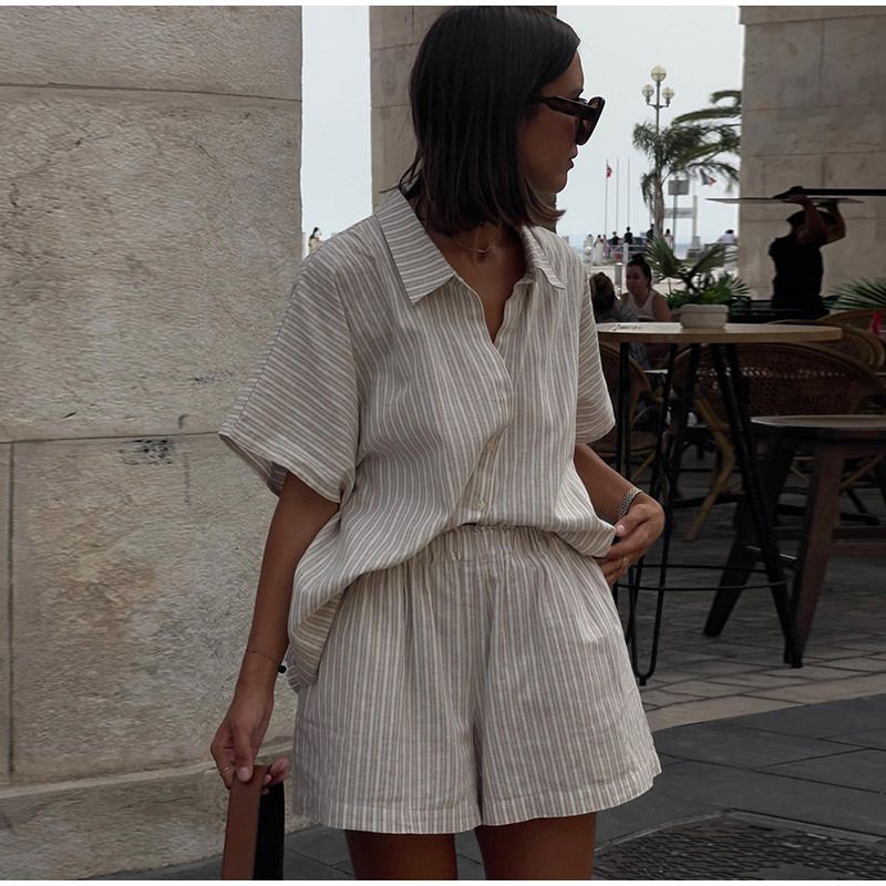 Ensemble 2 pièces à rayures et revers pour femme, haut taille haute plissé à manches longues et simple boutonnage, tenue d'été décontractée_voghion.com