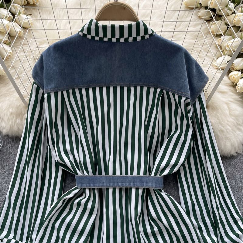Women's Clothing with lace-up waist casual loose versatile denim splicing striped shirt_voghion.com