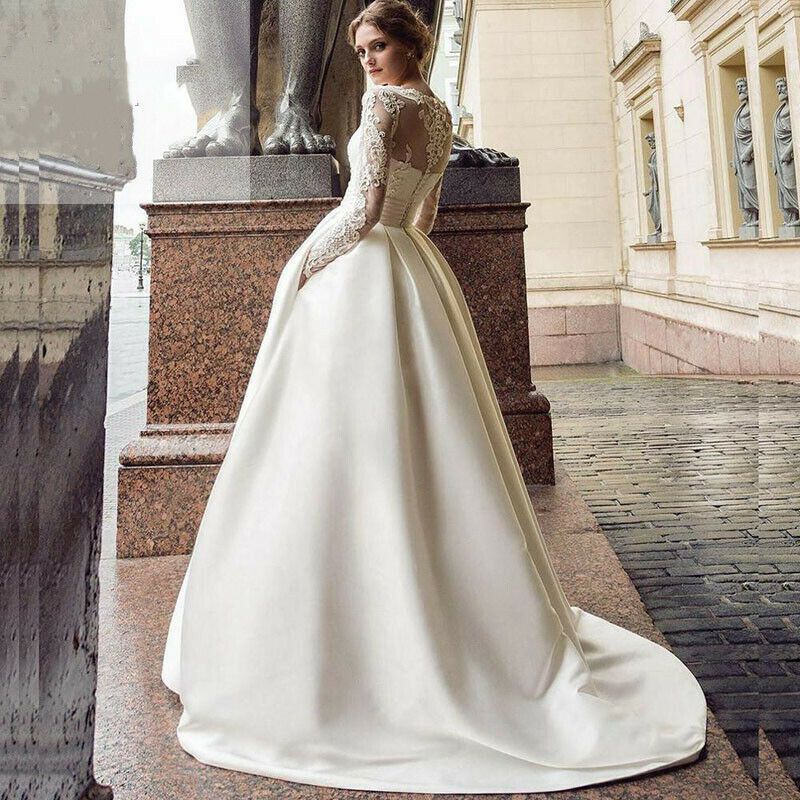 Satin Lace Appliqué Wedding Dress – A-Line Slimming Bridal Gown With Chapel Train (Ivory, Sizes 2-26W, Polyester, High Waist, Long Sleeve_voghion.com