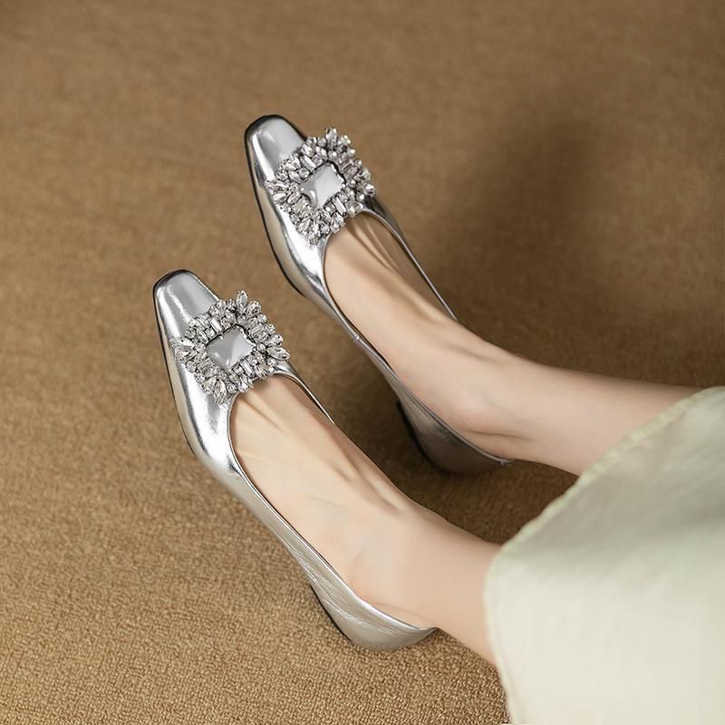 Frühling 2025 Neue Scoop Head Water Diamond Square Button Flat Casual Style Damen Einzelschuhe_voghion.com