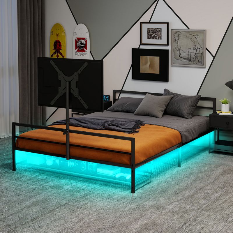 Schwarzes Gaming-Bett Mit Verstellbarer Halterung, LED-Beleuchtung und Unterbett-Aufbewahrungskörben. Großes Metallbett Mit Einer Länge Von 206 Cm._voghion.com