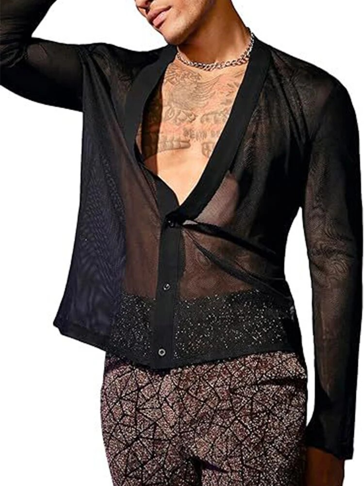 Neu Frühling Sexy Shis Männer Sehen Durch Transparent Lose Mesh Tops Männlich Strand Mode Tiefem V-ausschnitt_voghion.com