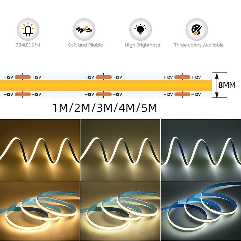 12V High Density COB LED Strip Lights Flexible Tape Rope Cabinet Lighting Lamp_voghion.com