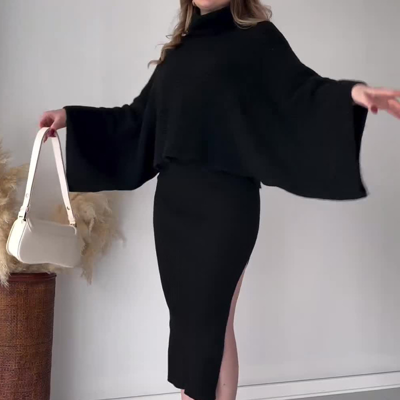 Women's fashion solid color pullover warm bat shirt top long skirt suit_voghion.com