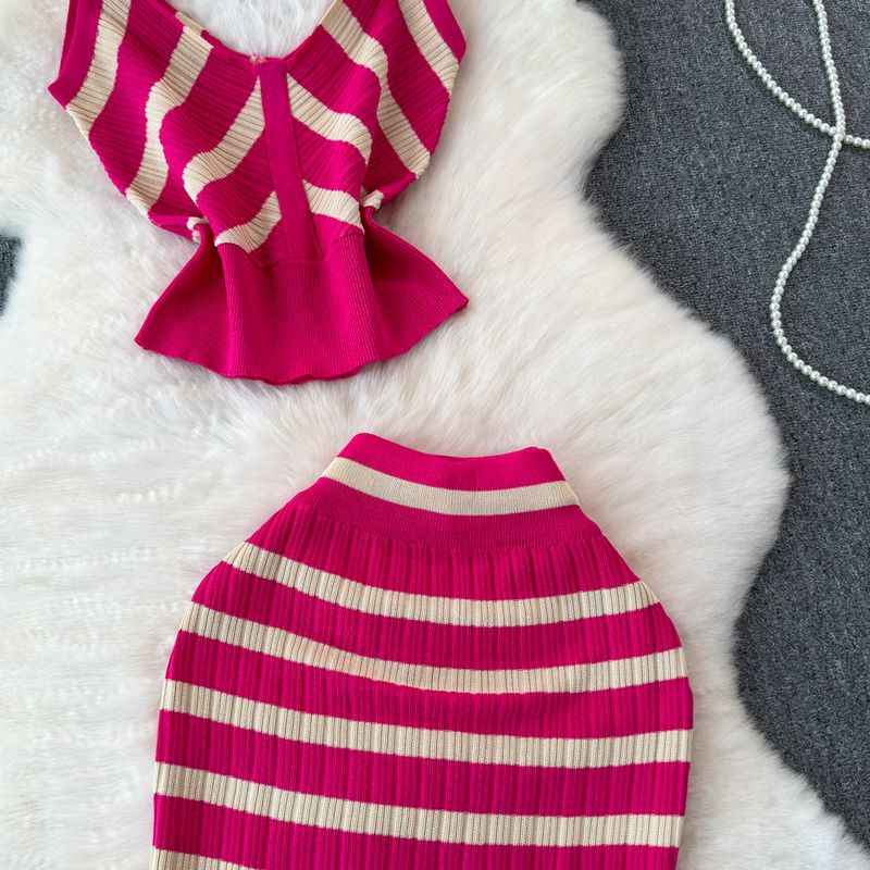 Women's Clothing Contrast Color Striped Ice Silk Knitted Suit 2024 Summer V-neck Sling Hip Skirt Two-piece Suit_voghion.com