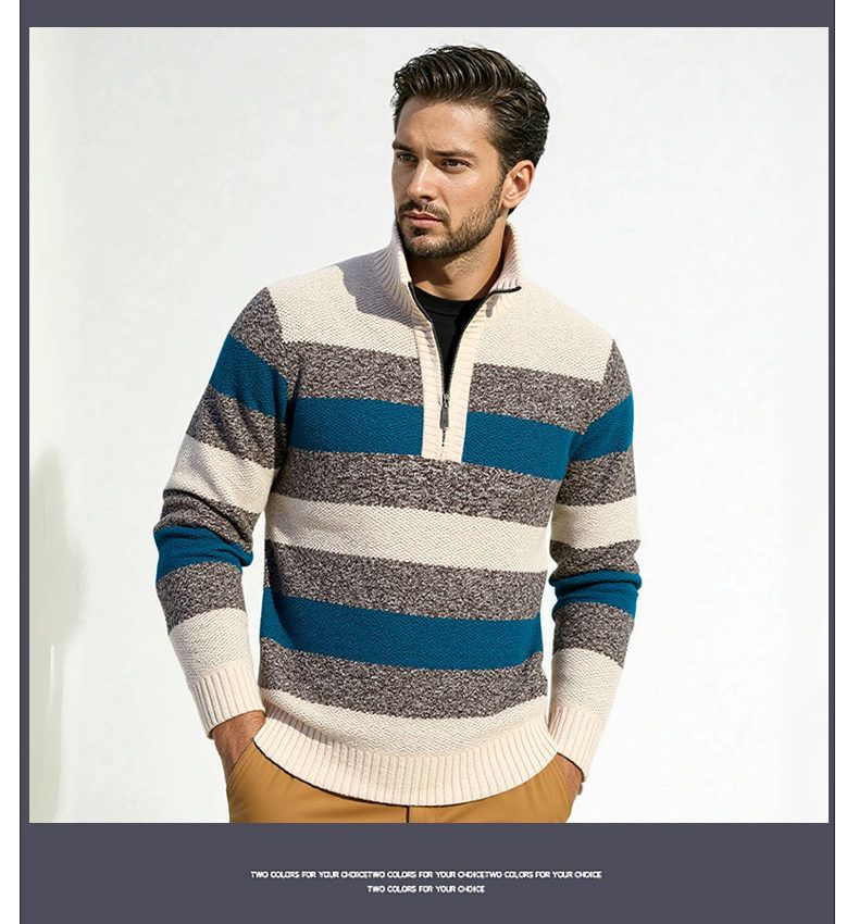 Herrenpullover mit halbem Reißverschluss, warmer, mit Fleece gefütterter Winterpullover, dicker, gestreifter Strick mit Stehkragen, atmungsaktive Polyestermischung (M-3XL)_voghion.com