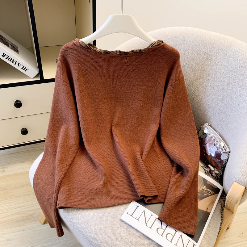 Autumn Knit Sweater Top – Scarf Tie Detail & Contrast Color Blocking, Long Sleeve Casual Pullover (White/Coffee/Black, One Size Fits Most)_voghion.com