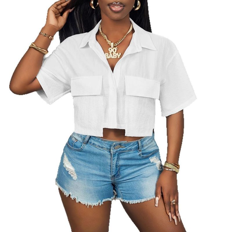 European Size Casual Pocket Solid Color Sleeve Collar Loose Short Drop Shoulder Women's Shirt_voghion.com