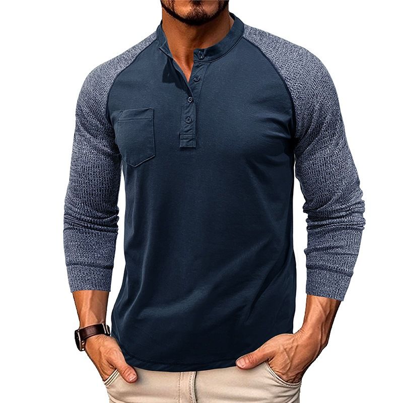 Unschlagbare Qualität Herren Rundhalsausschnitt Gerippte Patchwork-Ärmel Mit Raglan Henley Basis, Langärmliges Herren T-Shirt Top, Robustes Baumwollhemd_voghion.com