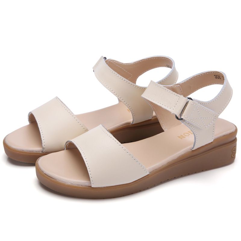 Summer Cowhide Wedge Women's Korean Fashion Velcro Beach Sandals, One-piece Mid Heeled Mom Sandals_voghion.com