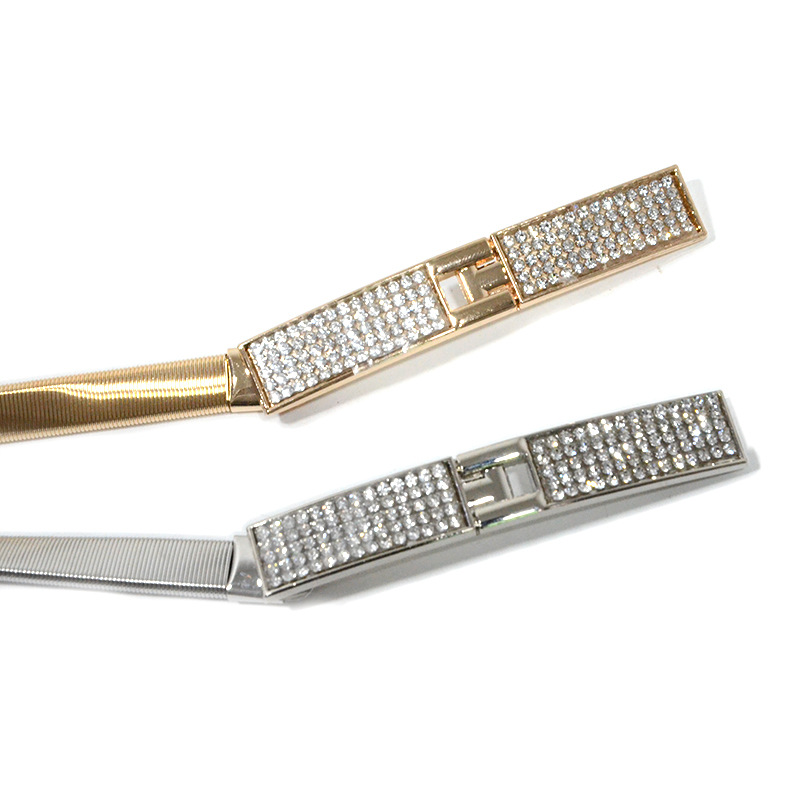 Women's Elastic Chain, Women's Casual And Fashionable Rhinestone Inlaid Buckle Metal Thin Waist Belt_voghion.com
