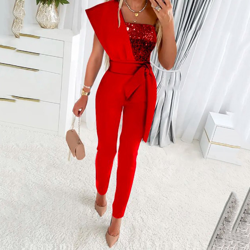 New product solid color sleeveless belt decorated jumpsuit slim fit splicing sequined women's trousers_voghion.com