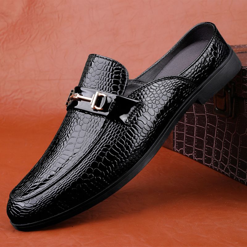 Euro Step Large Size Casual Leather Shoes 2025 Summer New Loafers Men Crocodile Pattern Half Slippers Men's Moccasins_voghion.com