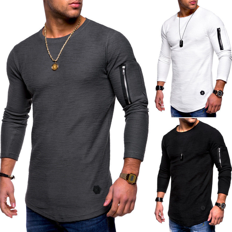 2020 T-shirt a maniche lunghe da uomo con scollo tondo slim fit T-shirt da uomo casual con cerniera sul braccio_voghion.com