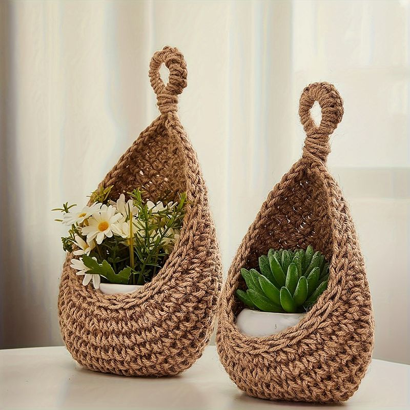 Ensemble de 3 paniers bohèmes chics en corde de coton et lin tissés à la main avec crochets, idéal pour suspendre fruits, légumes et plantes._voghion.com