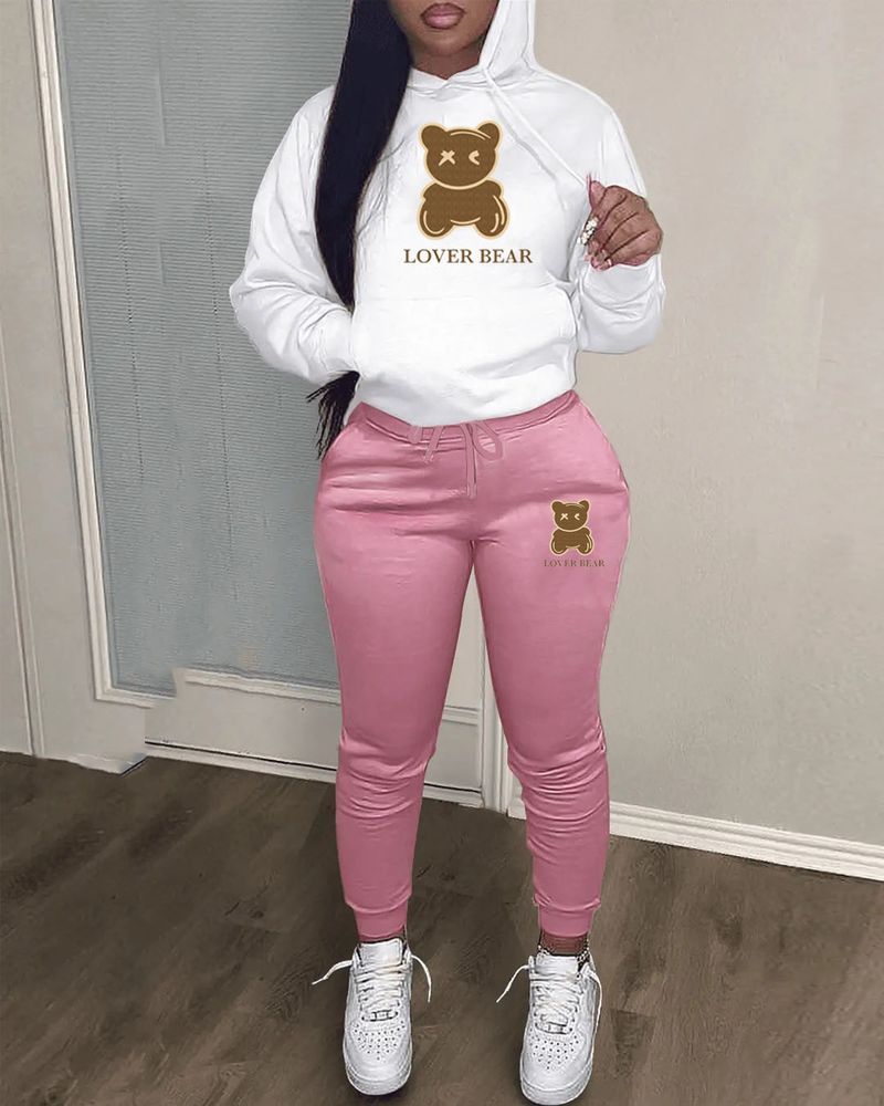 Women's Clothing suit hooded sweatshirt and sweatpants color matching bear print suit_voghion.com