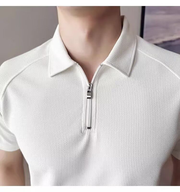 Camicia a maniche corte da uomo con risvolto, casual, vestibilità slim, estiva, in misto lino traspirante, confortevole, con design a righe_voghion.com