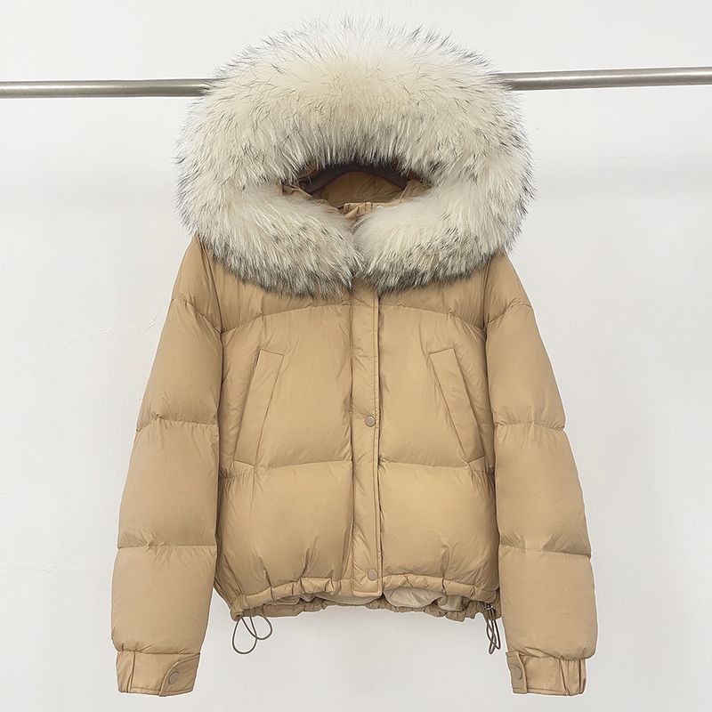 Piumino corto invernale da donna con cappuccio di pelliccia staccabile - 85% piumino d'anatra bianca, vestibilità ampia e spessa, ricamo 3D_voghion.com