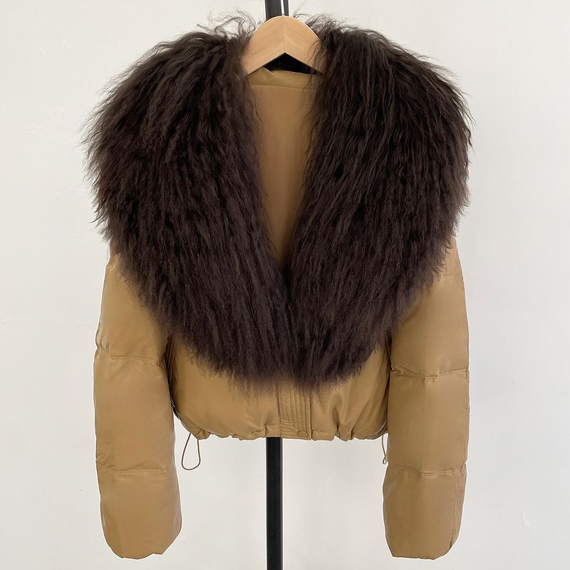 Women's Luxury Duck Down Jacket With Oversized Fur Collar – Winter Warm Coat (Black/Burgundy/Khaki, S/M)_voghion.com