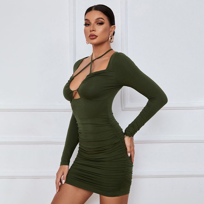2023 Abito da donna sexy con allacciatura cava in vita sottile gonna attillata gonna corta abito a maniche lunghe con anca avvolta_voghion.com