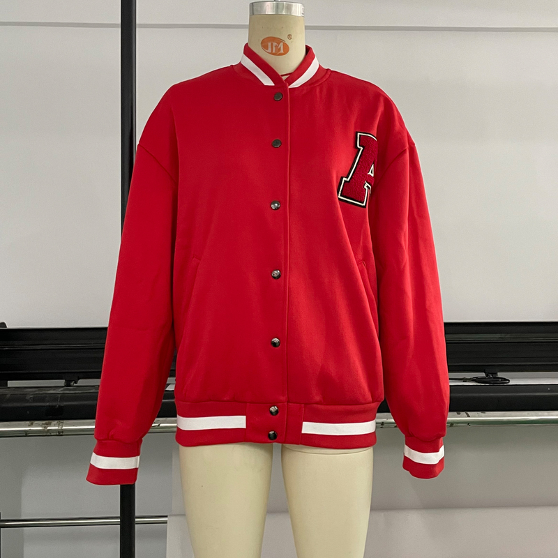Chaqueta de béisbol engrosada de lana con letras para mujer_voghion.com
