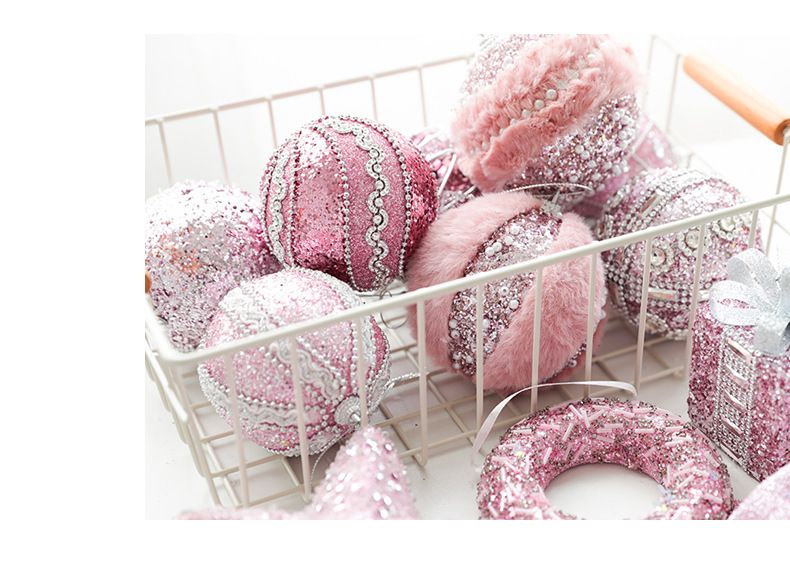 Christmas Pink Ball Ornaments Set - Foam Decorative Hanging Balls For Tree DIY Holiday Decorations With Bow Star Beads & Glitter (6 Styles)_voghion.com