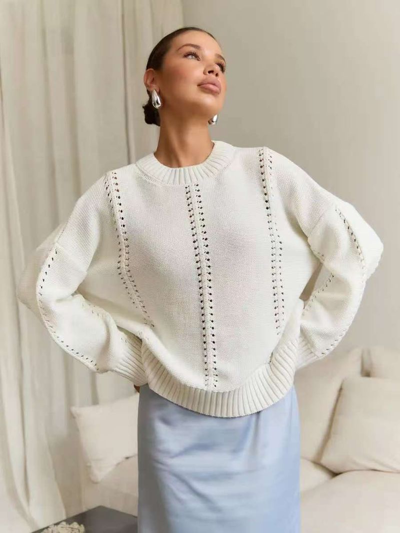 Breathable Knit Sweater Women's Oversized Loose Fit Round Neck Lace Crochet Pullover Top - Soft Acrylic Polyester Blend Yarn_voghion.com
