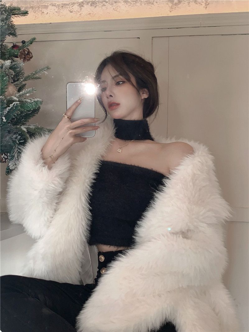 Maglione invernale da donna con bretelline imbottite bianche, interno in pile, top a tubino caldo_voghion.com