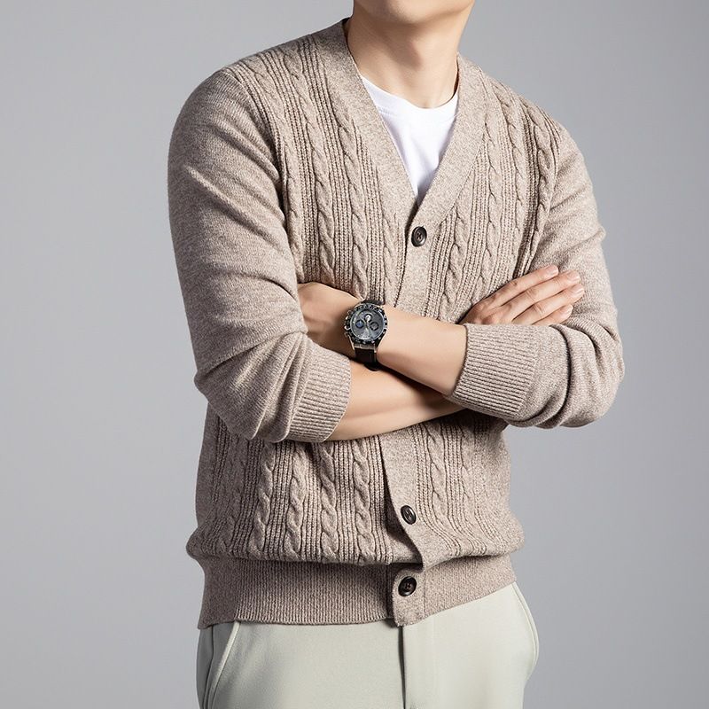 Autumn High-End Wool Cardigan 2025 New Style Middle-Aged Casual Solid Color Coat Sweater Men's Clothing_voghion.com