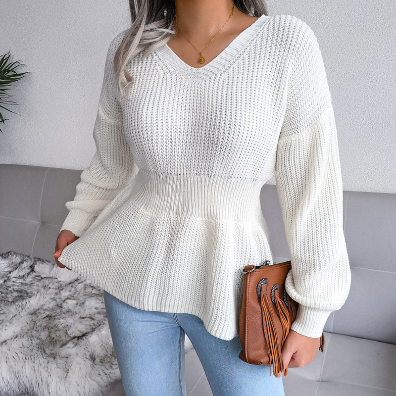 Maglione lavorato a maglia con volant e orlo a coste, stile Ins, autunno inverno, abbigliamento da donna_voghion.com