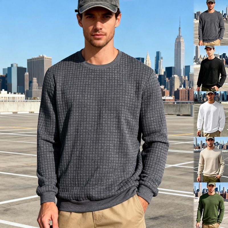 Felpa casual da uomo in poliestere spesso con scollo rotondo, maniche lunghe e motivo jacquard, vestibilità comoda per primavera e autunno._voghion.com