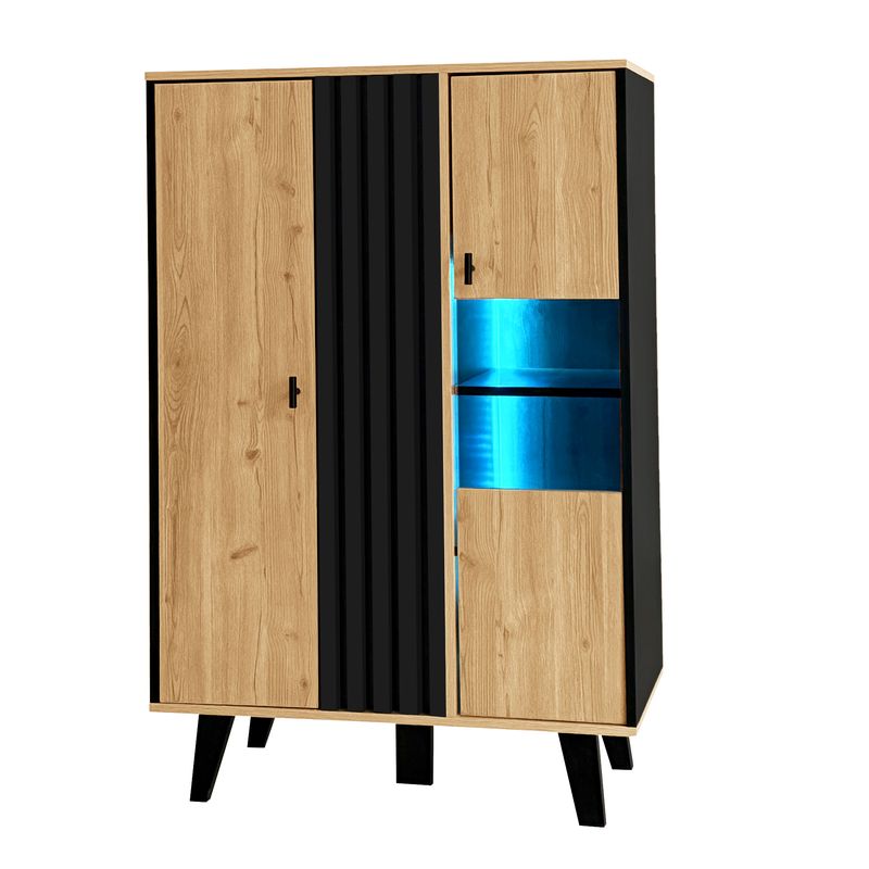 Buffet avec éclairage LED et verre, armoire en stratifié beige avec finition noire et bois, design unique à rayures noires_voghion.com