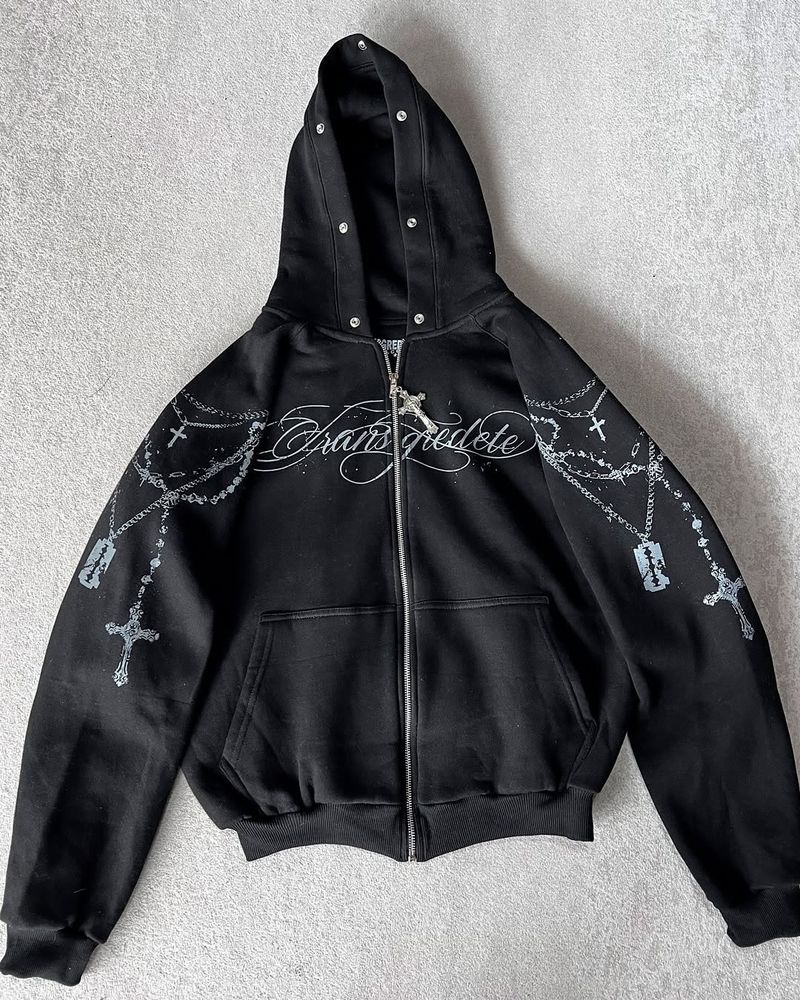 Unisex High Street Kapuzen-Sweatshirt mit Reißverschluss, abnehmbarem Kunstpelzbesatz und Grafikdruck – Übergroße Passform für Streetwear-Mode_voghion.com
