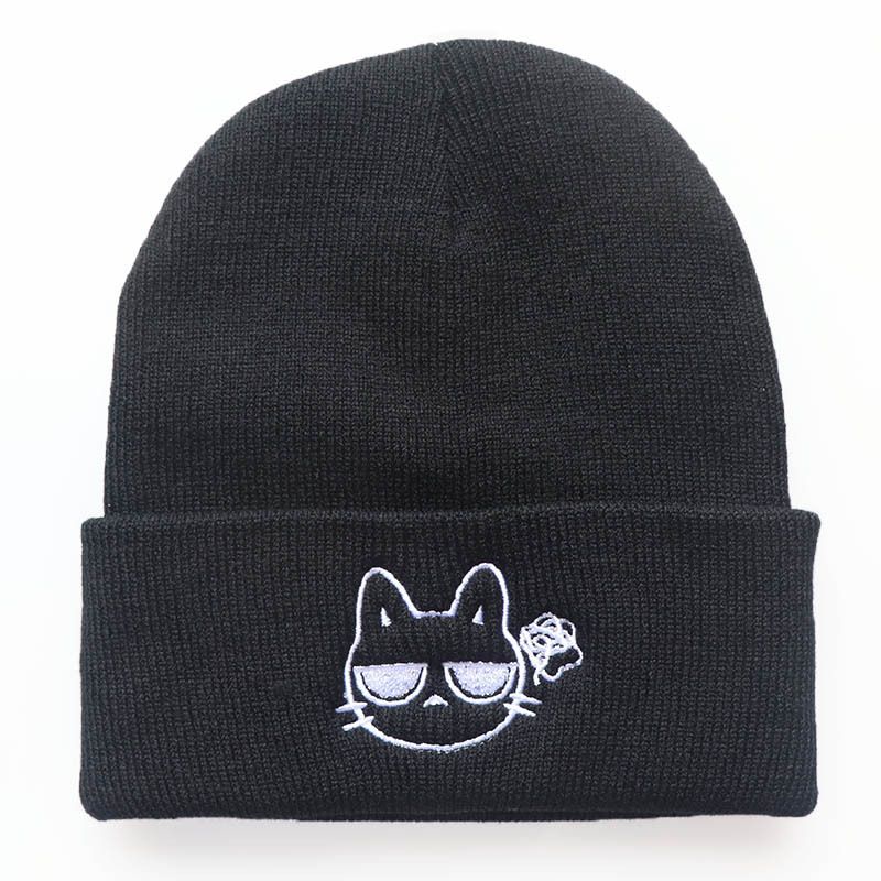 Unisex Cartoon weird cute emoticon cat embroidered knitted hat sleeve warm hat Hip hop wool hat_voghion.com