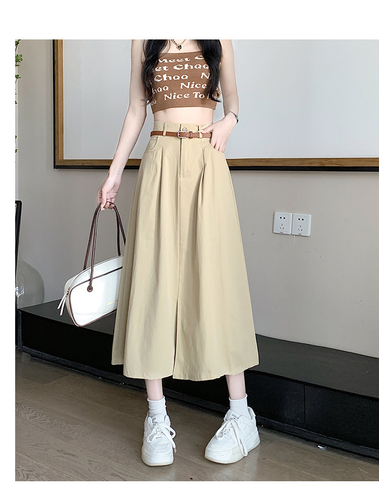 2023 Nuovo prodotto Cintura squisita divisa personalizzata, vita alta, tasche sottili e minimaliste, gonna altalena di media lunghezza alla moda_voghion.com
