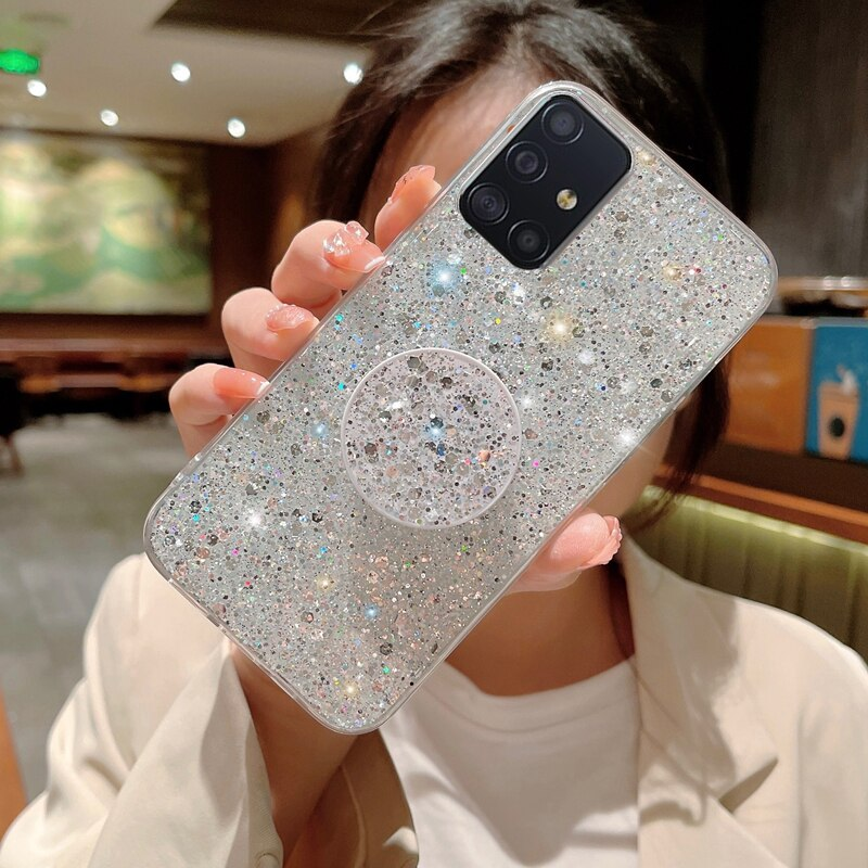 Fényes Glitter Gypsophila telefontartó tok Samsung Galaxy A51 A71 A11 A21S A31 A81 A91 Bling arany ezüst fólia szilikonhoz_voghion.com