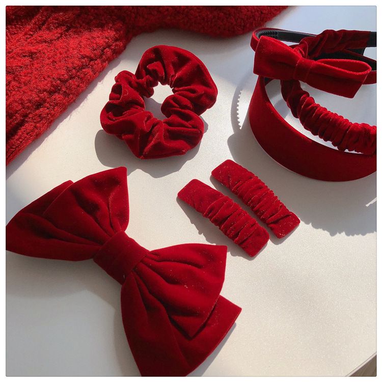 Lillian Red Velvet Accessories Collection New Year Christmas Headband Wide Vintage Pleated Scrunchie BB Bow Hair Clip_voghion.com