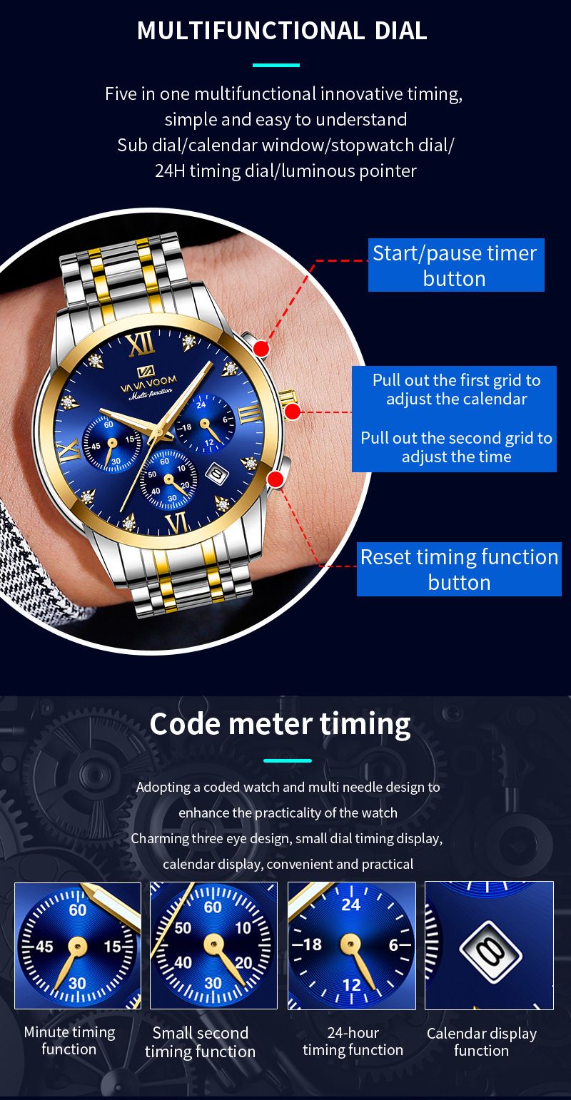 VA VOOM Brand New 2712 Steel Strip Blue Face Fashionable Business Waterproof Watch_voghion.com
