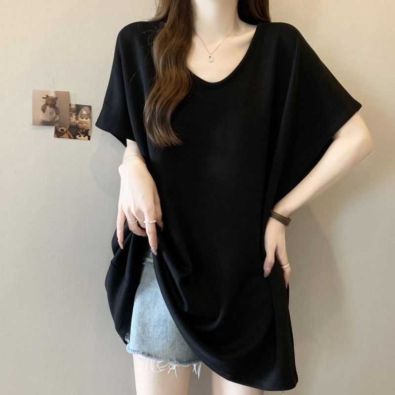 Women's Clothing V Neck Air Layer Large Version Solid Color Age Reducing T Shirt Simple Loose Slimming Temperament Top T-Shirt_voghion.com